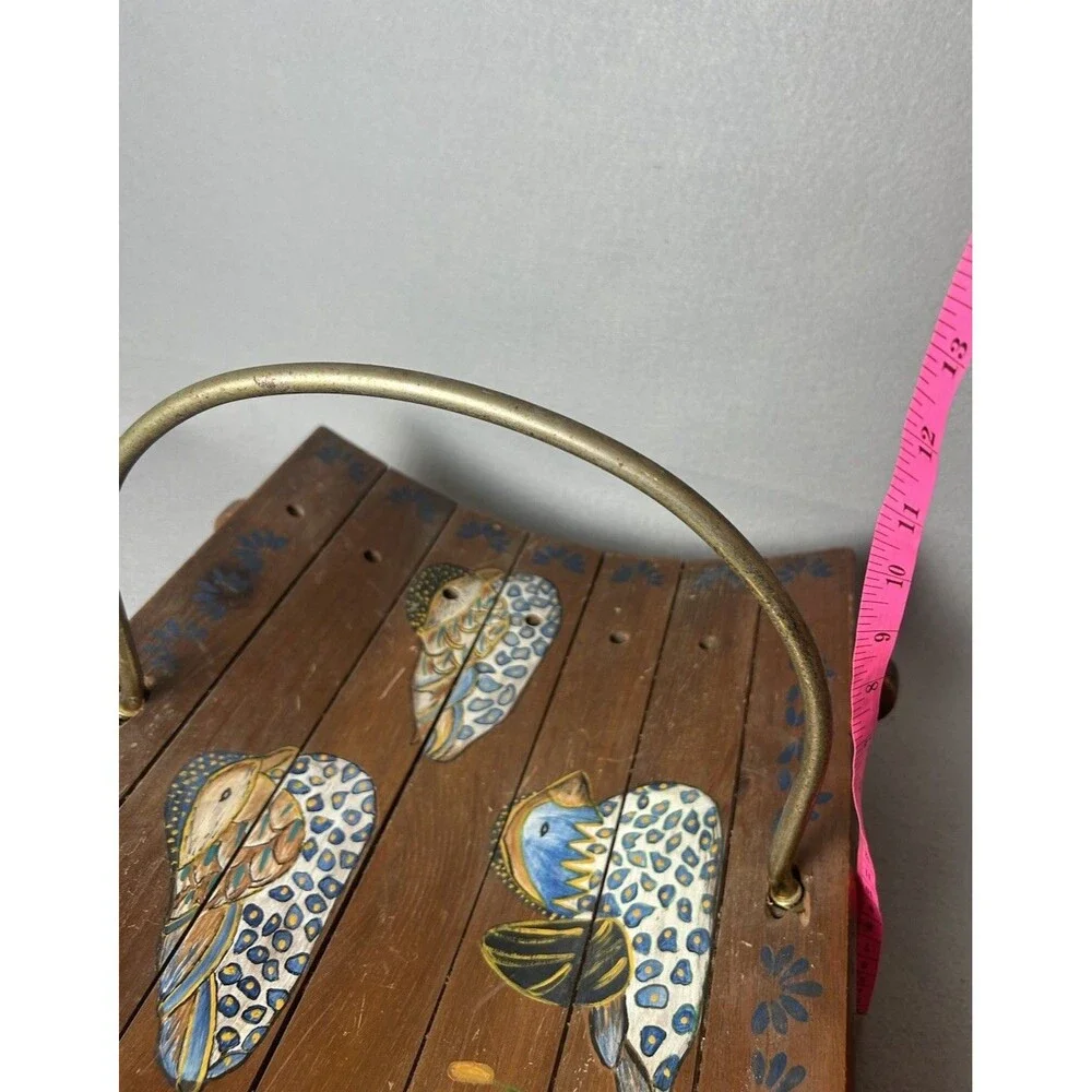 VTG Handmade Hand Painted Mallard Duck Magazine Fireplace Basket Metal Handle